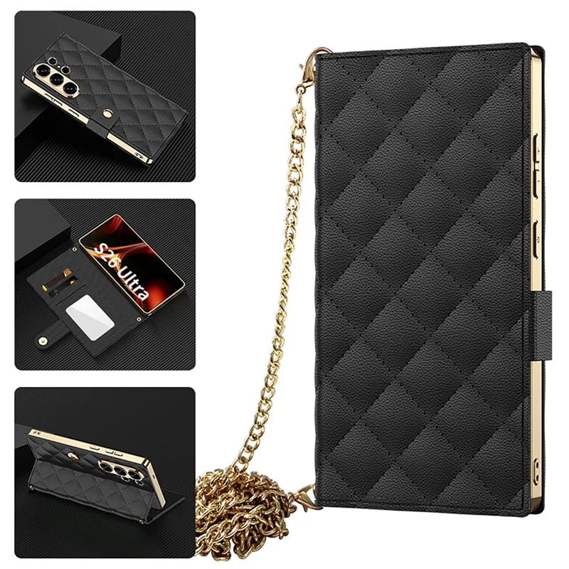GKK For Samsung Galaxy S26 Ultra Case with Card Holder Mirror Electroplate Leather Flip Cover Rhombus Pattern - Black