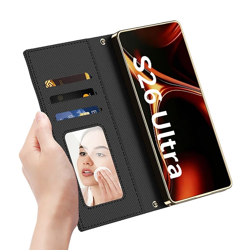 GKK For Samsung Galaxy S26 Ultra Case with Card Holder Mirror Electroplate Leather Flip Cover Rhombus Pattern - Black