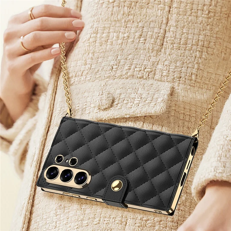 GKK For Samsung Galaxy S26 Ultra Case with Card Holder Mirror Electroplate Leather Flip Cover Rhombus Pattern - Black