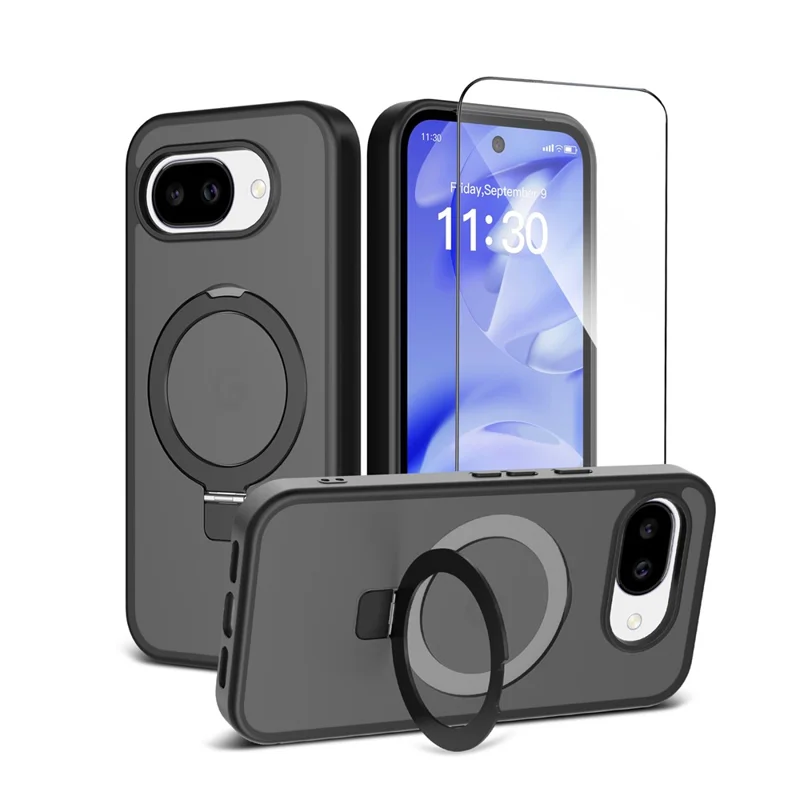 For Google Pixel 10a Magnetic Case Matte Liquid Silicone TPU Shockproof Phone Cover with Kickastand and Tempered Glass - Black