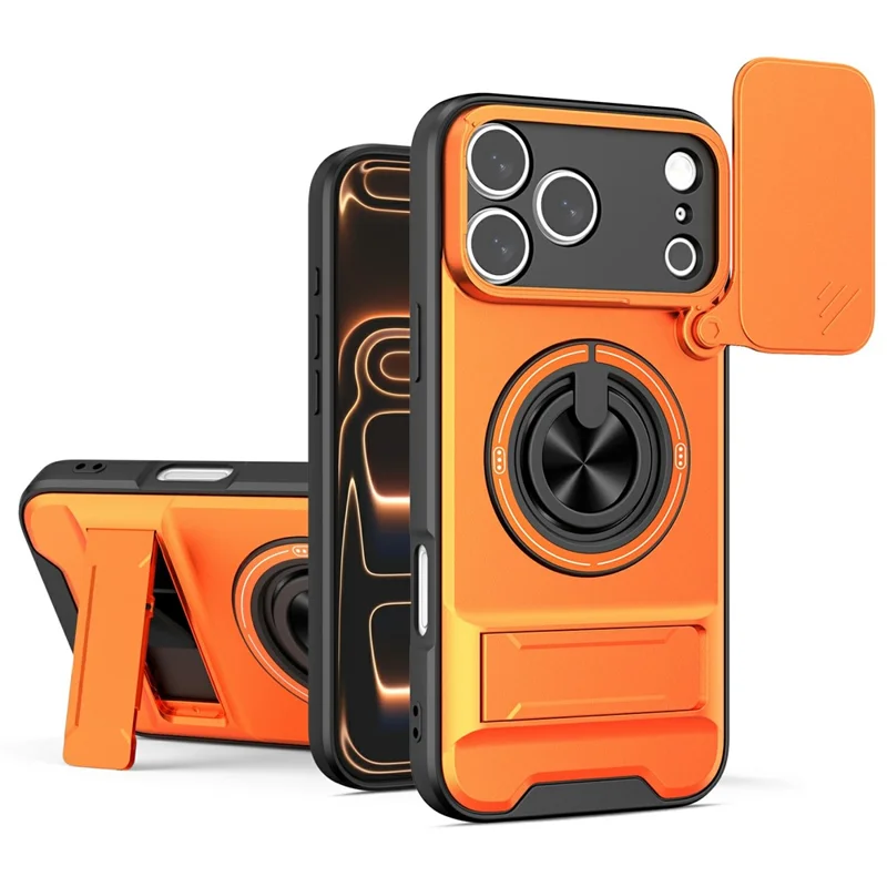 Compra al por mayor para iPhone 17 Pro Max compatible con funda MagSafe con soporte de anillo, soporte plegable, cubierta de teléfono TPU PC con deslizador de lente de cámara - Naranja
