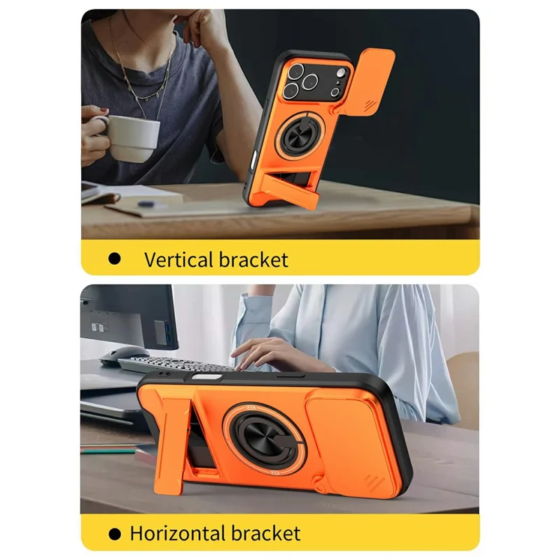 Compra al por mayor para iPhone 17 Pro Max compatible con funda MagSafe con soporte de anillo, soporte plegable, cubierta de teléfono TPU PC con deslizador de lente de cámara - Naranja