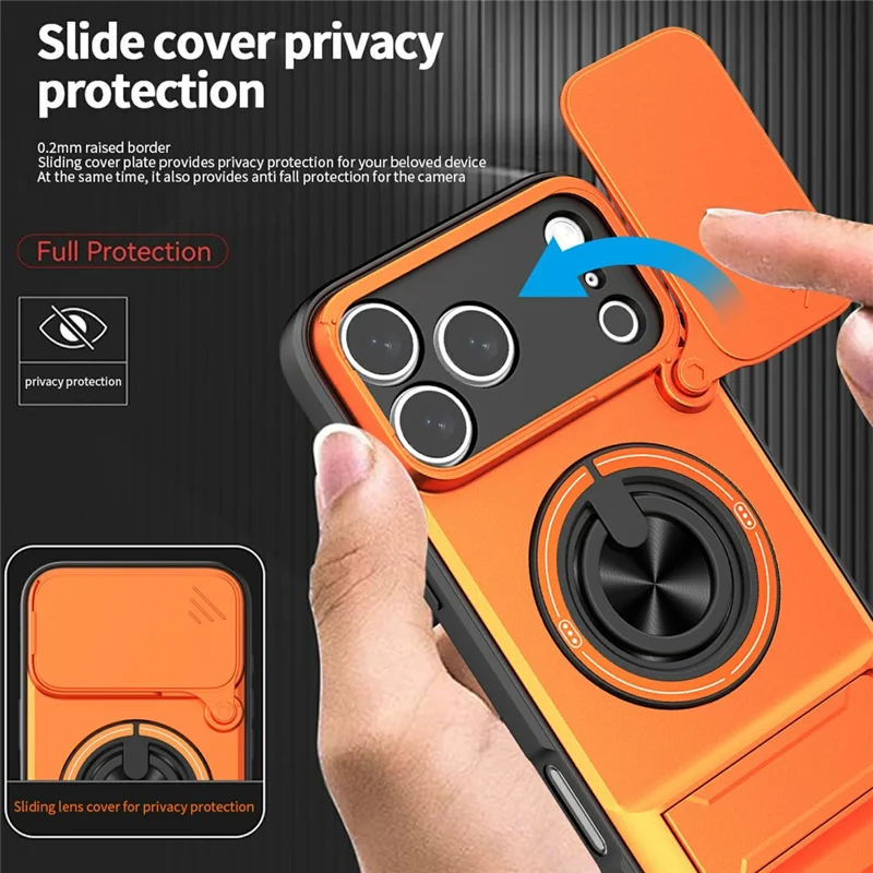 Bulk Purchasing For iPhone 17 Pro Compatible with MagSafe Case Ring Holder Foldable Kickstand TPU PC Phone Cover with Camera Lens Slider - Orange