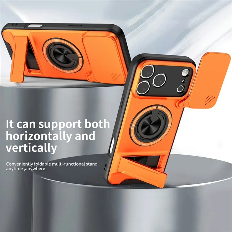 Bulk Purchasing For iPhone 17 Pro Compatible with MagSafe Case Ring Holder Foldable Kickstand TPU PC Phone Cover with Camera Lens Slider - Orange