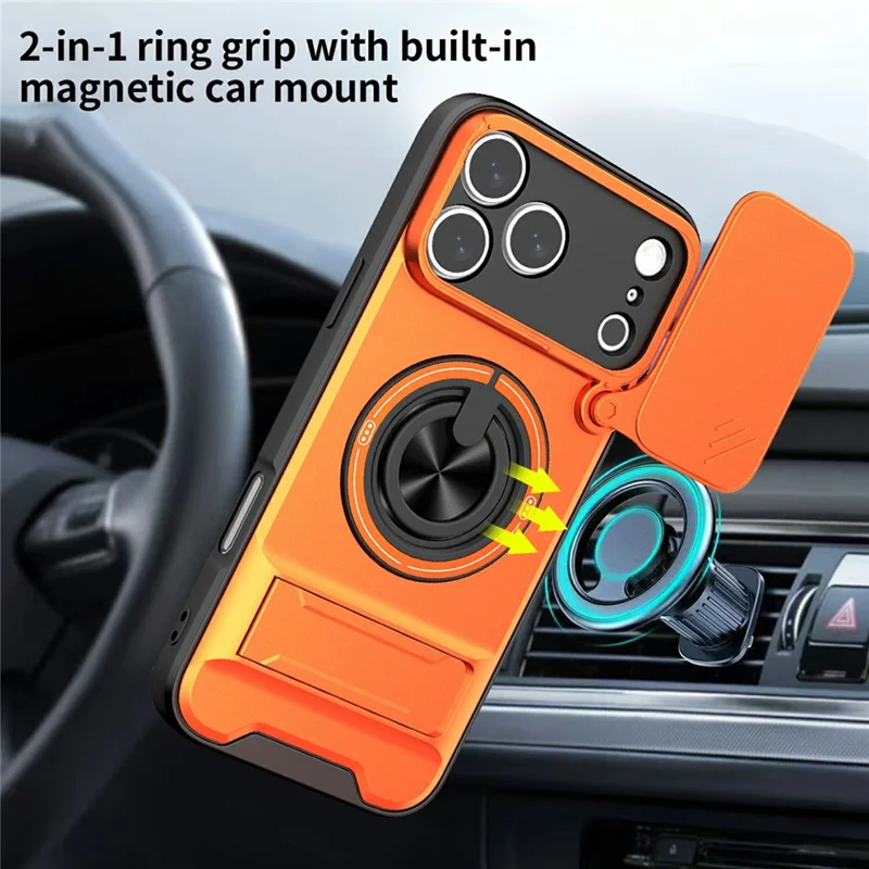 Bulk Purchasing For iPhone 17 Pro Compatible with MagSafe Case Ring Holder Foldable Kickstand TPU PC Phone Cover with Camera Lens Slider - Orange