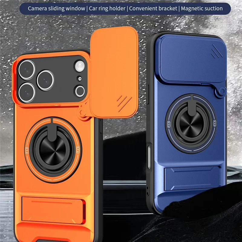 Bulk Purchasing For iPhone 17 Pro Compatible with MagSafe Case Ring Holder Foldable Kickstand TPU PC Phone Cover with Camera Lens Slider - Orange