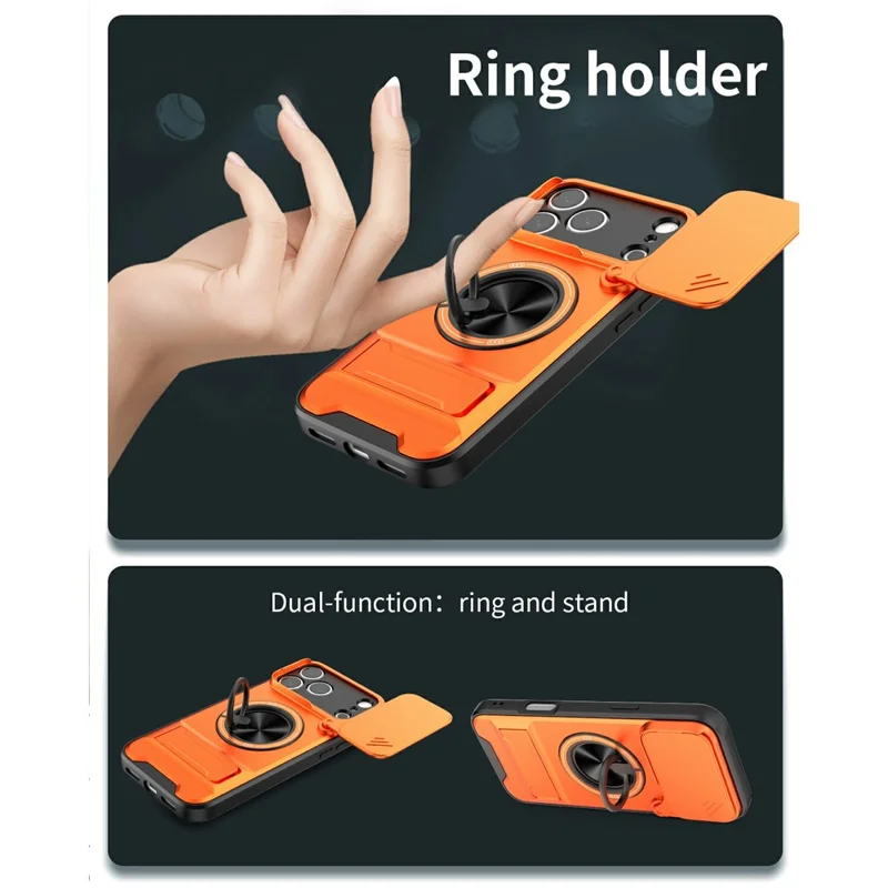 Bulk Purchasing For iPhone 17 Pro Compatible with MagSafe Case Ring Holder Foldable Kickstand TPU PC Phone Cover with Camera Lens Slider - Orange