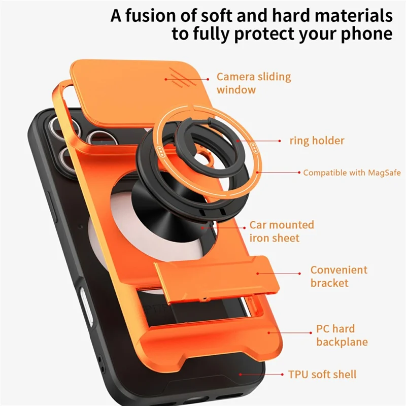 Bulk Purchasing For iPhone 17 Pro Compatible with MagSafe Case Ring Holder Foldable Kickstand TPU PC Phone Cover with Camera Lens Slider - Orange