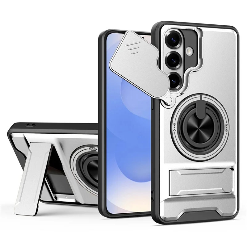 Compra al por mayor para carcasa magnética Samsung Galaxy S26+ con soporte de anillo, soporte plegable, funda de teléfono TPU y PC con obturador deslizante para cámara - Plata