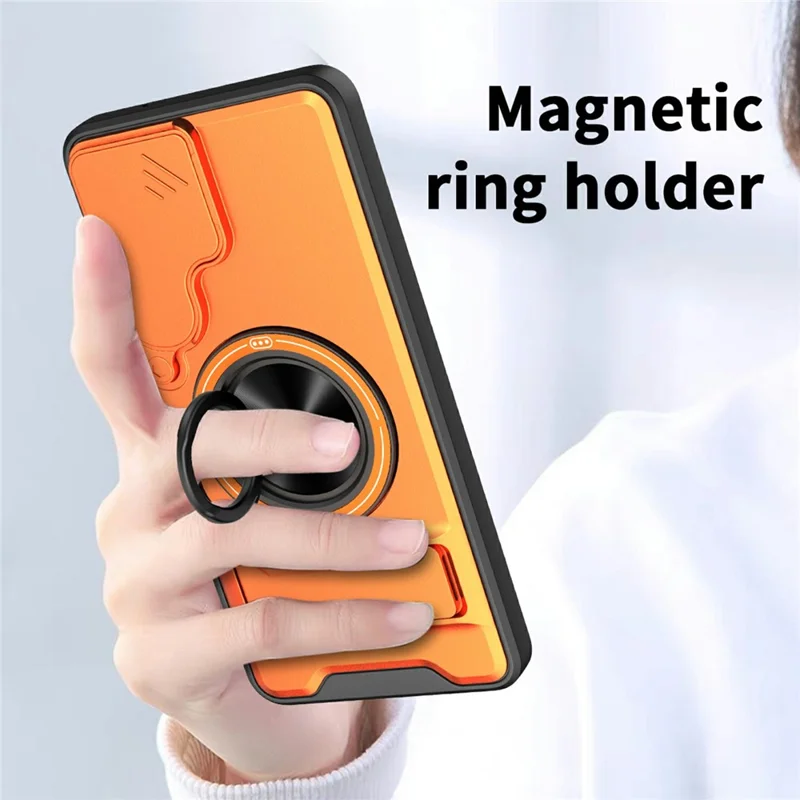Compra al por mayor para carcasa magnética Samsung Galaxy S26+ con soporte de anillo, soporte plegable, funda de teléfono TPU y PC con obturador deslizante para cámara - Plata