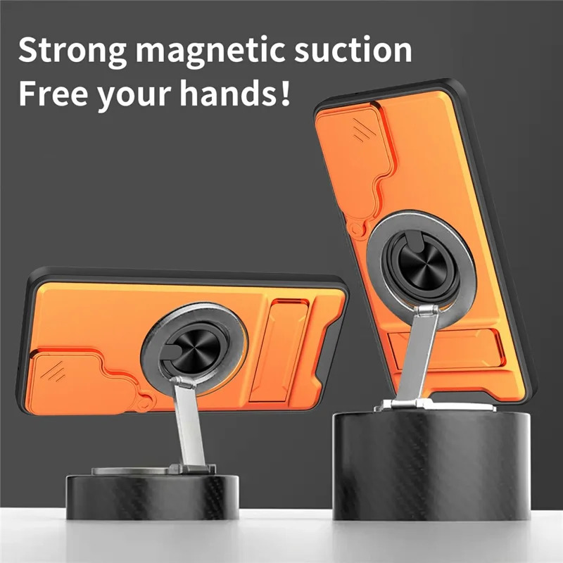 Compra al por mayor para carcasa magnética Samsung Galaxy S26+ con soporte de anillo, soporte plegable, funda de teléfono TPU y PC con obturador deslizante para cámara - Plata