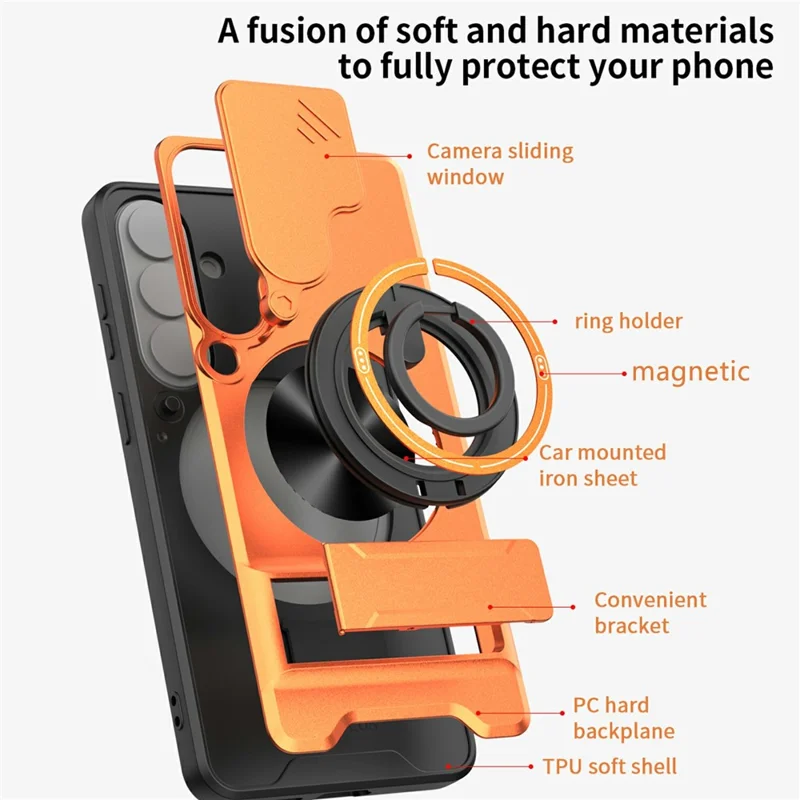 Compra al por mayor para carcasa magnética Samsung Galaxy S26+ con soporte de anillo, soporte plegable, funda de teléfono TPU y PC con obturador deslizante para cámara - Plata