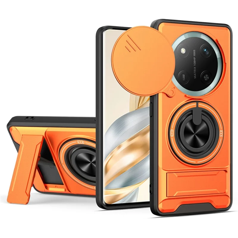 Bulk Purchasing Magnetic Case for Honor Magic7 Lite 5G  /  X9c 5G  /  X60 Pro 5G Ring Holder Foldable Kickstand TPU PC Phone Cover with Camera Lens Slider - Orange