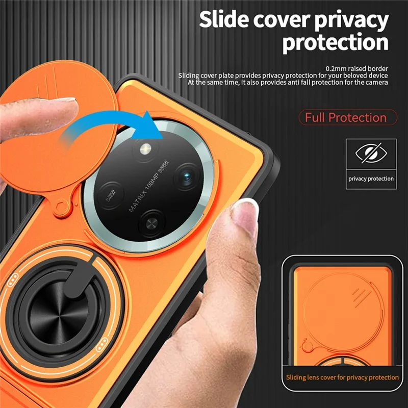 Bulk Purchasing Magnetic Case for Honor Magic7 Lite 5G  /  X9c 5G  /  X60 Pro 5G Ring Holder Foldable Kickstand TPU PC Phone Cover with Camera Lens Slider - Orange