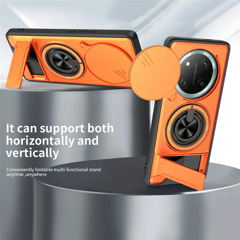 Bulk Purchasing Magnetic Case for Honor Magic7 Lite 5G  /  X9c 5G  /  X60 Pro 5G Ring Holder Foldable Kickstand TPU PC Phone Cover with Camera Lens Slider - Orange