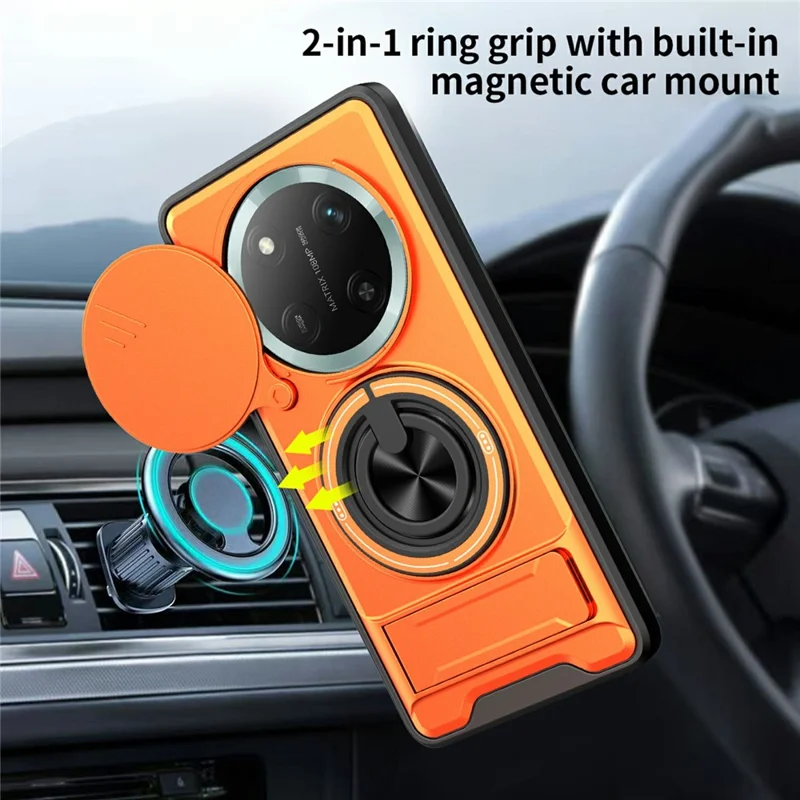Bulk Purchasing Magnetic Case for Honor Magic7 Lite 5G  /  X9c 5G  /  X60 Pro 5G Ring Holder Foldable Kickstand TPU PC Phone Cover with Camera Lens Slider - Orange