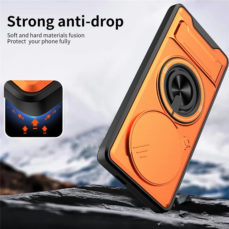 Bulk Purchasing Magnetic Case for Honor Magic7 Lite 5G  /  X9c 5G  /  X60 Pro 5G Ring Holder Foldable Kickstand TPU PC Phone Cover with Camera Lens Slider - Orange
