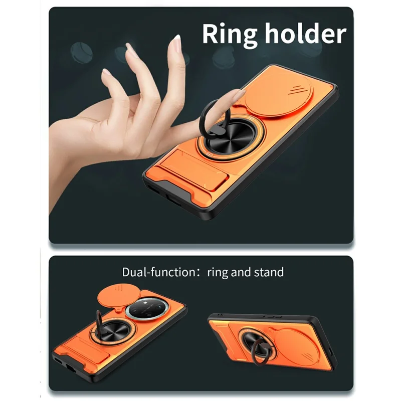 Bulk Purchasing Magnetic Case for Honor Magic7 Lite 5G  /  X9c 5G  /  X60 Pro 5G Ring Holder Foldable Kickstand TPU PC Phone Cover with Camera Lens Slider - Orange
