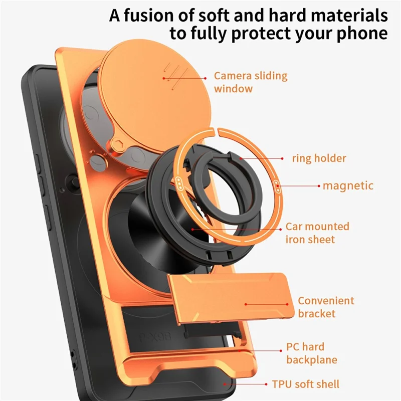 Bulk Purchasing Magnetic Case for Honor Magic7 Lite 5G  /  X9c 5G  /  X60 Pro 5G Ring Holder Foldable Kickstand TPU PC Phone Cover with Camera Lens Slider - Orange
