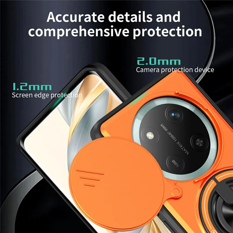 Bulk Purchasing Magnetic Case for Honor Magic7 Lite 5G  /  X9c 5G  /  X60 Pro 5G Ring Holder Foldable Kickstand TPU PC Phone Cover with Camera Lens Slider - Orange