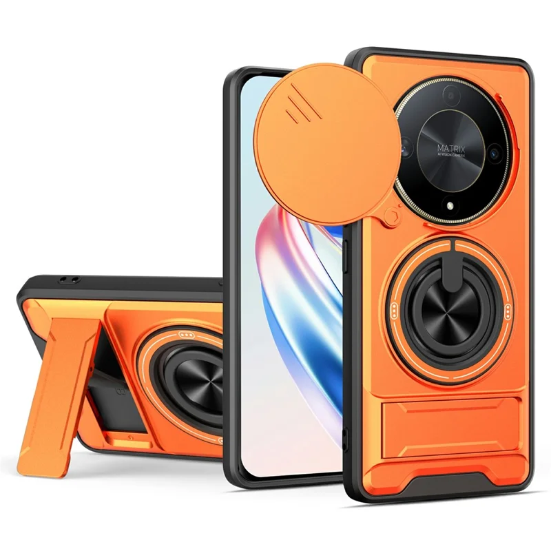 Bulk Purchasing Magnetic Case for Honor Magic6 Lite 5G  /  X9b 5G  /  X50 5G Ring Holder Foldable Kickstand TPU PC Phone Cover with Camera Lens Slider - Orange