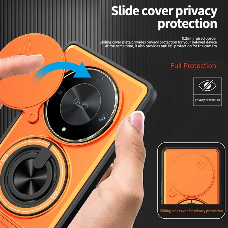 Bulk Purchasing Magnetic Case for Honor Magic6 Lite 5G  /  X9b 5G  /  X50 5G Ring Holder Foldable Kickstand TPU PC Phone Cover with Camera Lens Slider - Orange