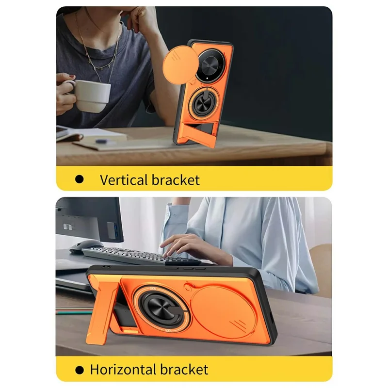 Bulk Purchasing Magnetic Case for Honor Magic6 Lite 5G  /  X9b 5G  /  X50 5G Ring Holder Foldable Kickstand TPU PC Phone Cover with Camera Lens Slider - Orange