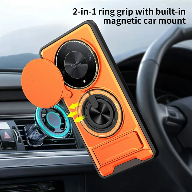 Bulk Purchasing Magnetic Case for Honor Magic6 Lite 5G  /  X9b 5G  /  X50 5G Ring Holder Foldable Kickstand TPU PC Phone Cover with Camera Lens Slider - Orange