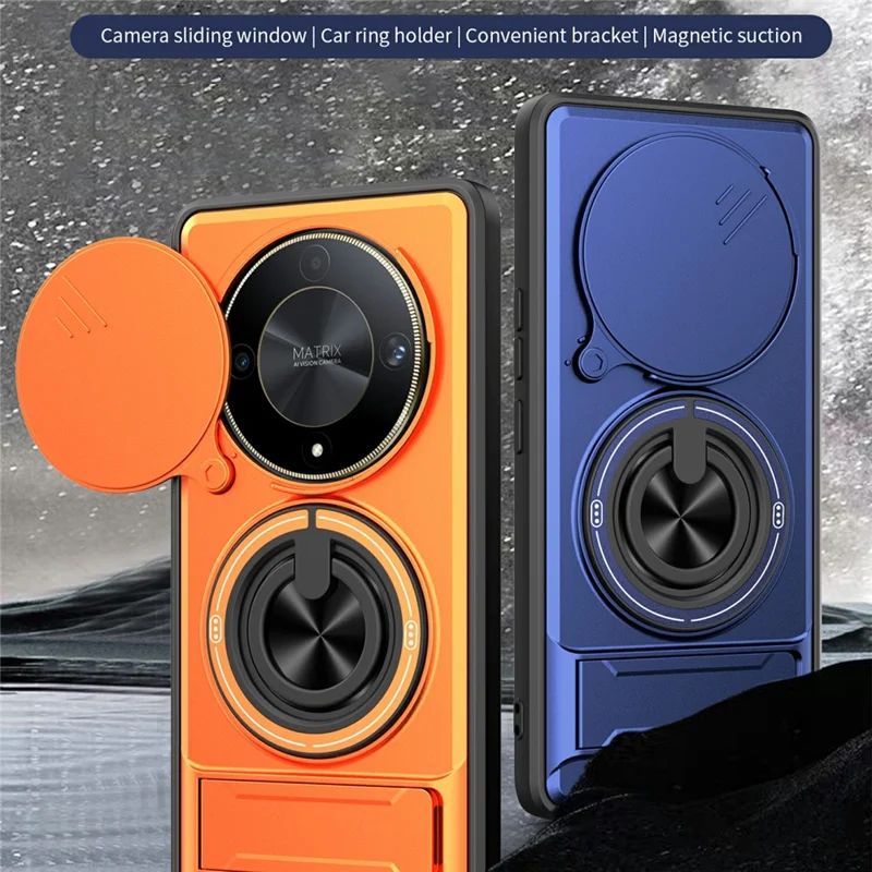 Bulk Purchasing Magnetic Case for Honor Magic6 Lite 5G  /  X9b 5G  /  X50 5G Ring Holder Foldable Kickstand TPU PC Phone Cover with Camera Lens Slider - Orange