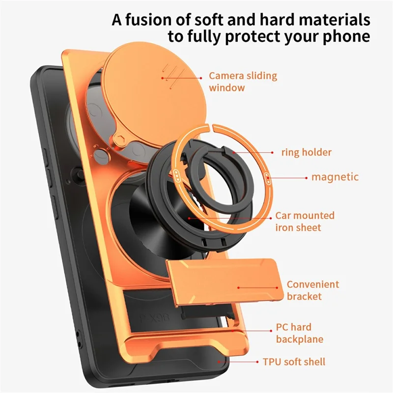 Bulk Purchasing Magnetic Case for Honor Magic6 Lite 5G  /  X9b 5G  /  X50 5G Ring Holder Foldable Kickstand TPU PC Phone Cover with Camera Lens Slider - Orange
