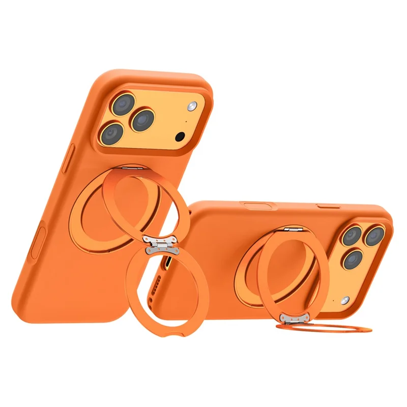 For iPhone 17 Pro Magnetic Case Liquid Silicone TPU Phone Back Cover with Kickastand and Tempered Glass Compatible with MagSafe - Orange