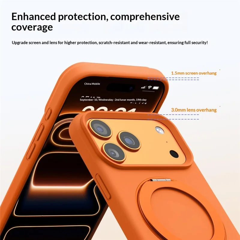 For iPhone 17 Pro Magnetic Case Liquid Silicone TPU Phone Back Cover with Kickastand and Tempered Glass Compatible with MagSafe - Orange