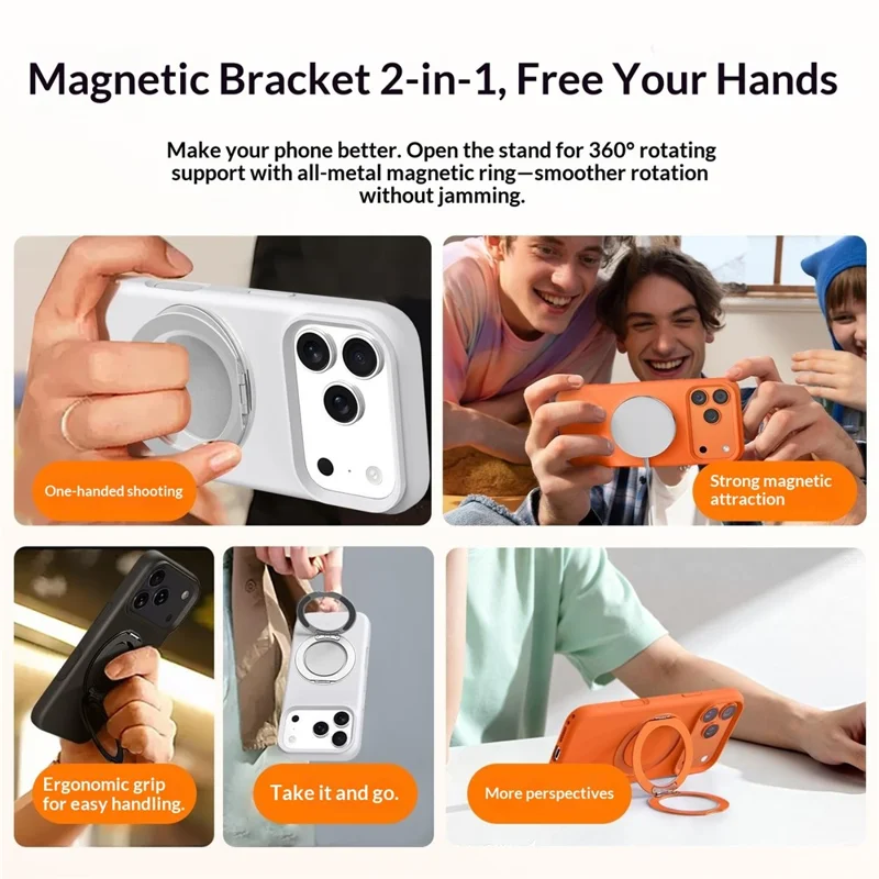 For iPhone 17 Pro Magnetic Case Liquid Silicone TPU Phone Back Cover with Kickastand and Tempered Glass Compatible with MagSafe - Orange