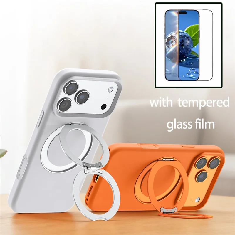 For iPhone 17 Pro Magnetic Case Liquid Silicone TPU Phone Back Cover with Kickastand and Tempered Glass Compatible with MagSafe - Orange