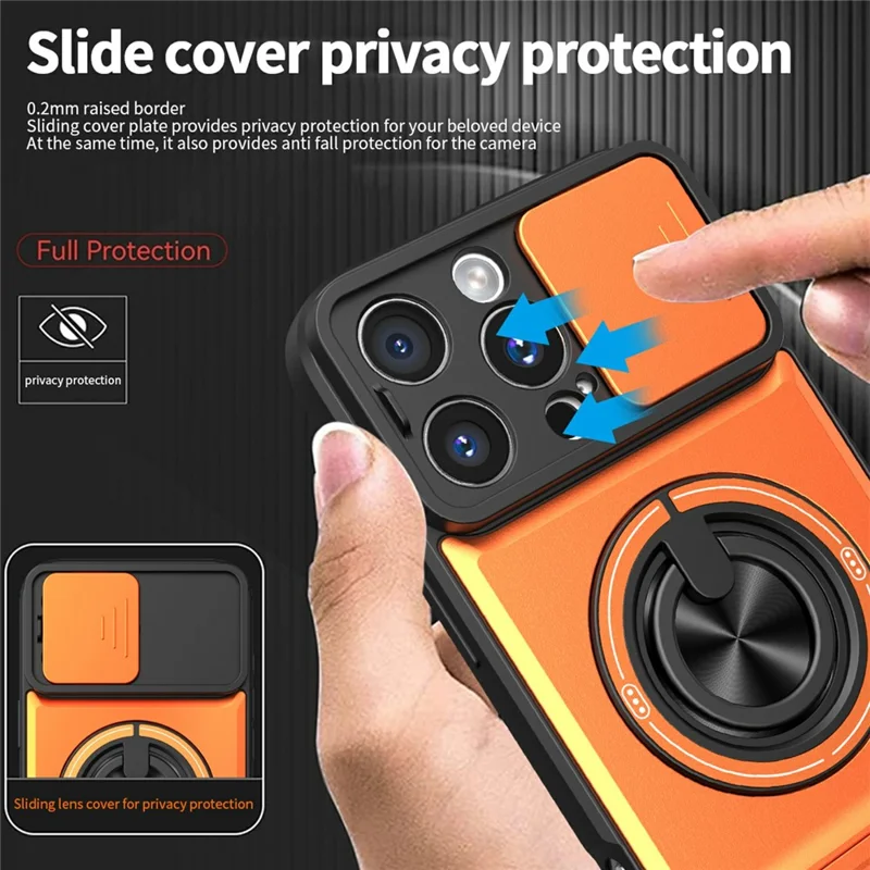 Bulk Purchasing For iPhone 16 Pro Compatible with MagSafe Case Ring Holder Foldable Kickstand TPU PC Phone Cover with Camera Lens Slider - Orange