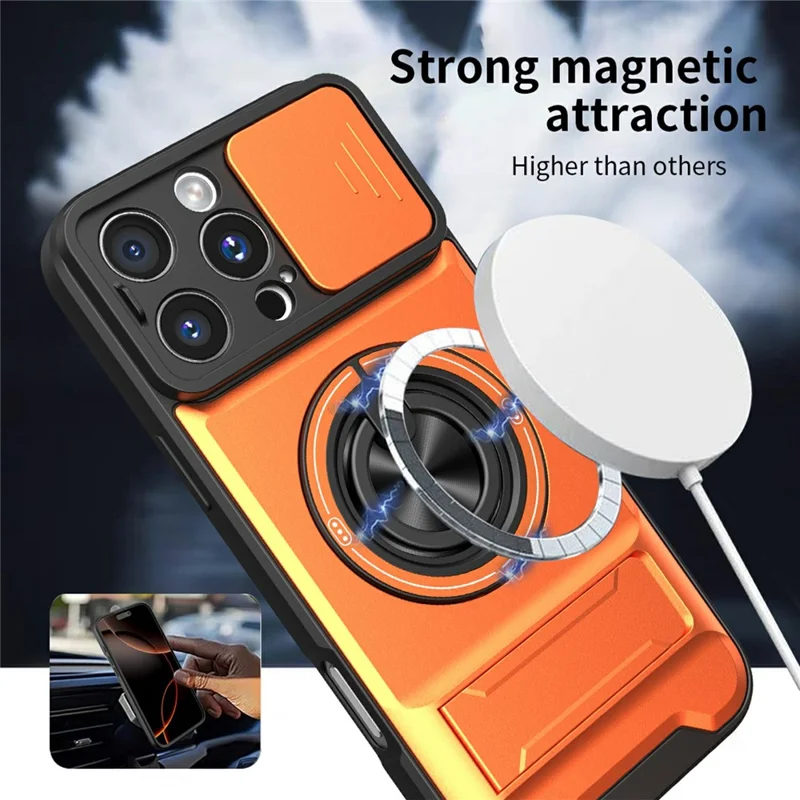 Bulk Purchasing For iPhone 16 Pro Compatible with MagSafe Case Ring Holder Foldable Kickstand TPU PC Phone Cover with Camera Lens Slider - Orange