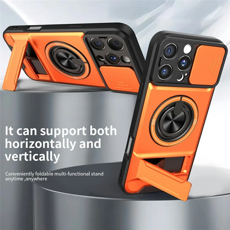 Bulk Purchasing For iPhone 16 Pro Compatible with MagSafe Case Ring Holder Foldable Kickstand TPU PC Phone Cover with Camera Lens Slider - Orange