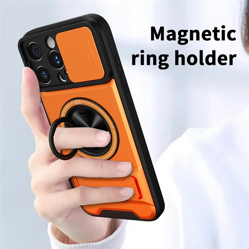 Bulk Purchasing For iPhone 16 Pro Compatible with MagSafe Case Ring Holder Foldable Kickstand TPU PC Phone Cover with Camera Lens Slider - Orange