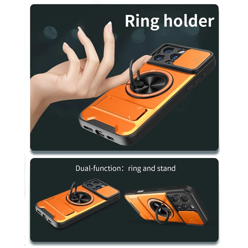 Bulk Purchasing For iPhone 16 Pro Compatible with MagSafe Case Ring Holder Foldable Kickstand TPU PC Phone Cover with Camera Lens Slider - Orange