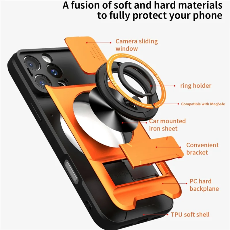 Bulk Purchasing For iPhone 16 Pro Compatible with MagSafe Case Ring Holder Foldable Kickstand TPU PC Phone Cover with Camera Lens Slider - Orange
