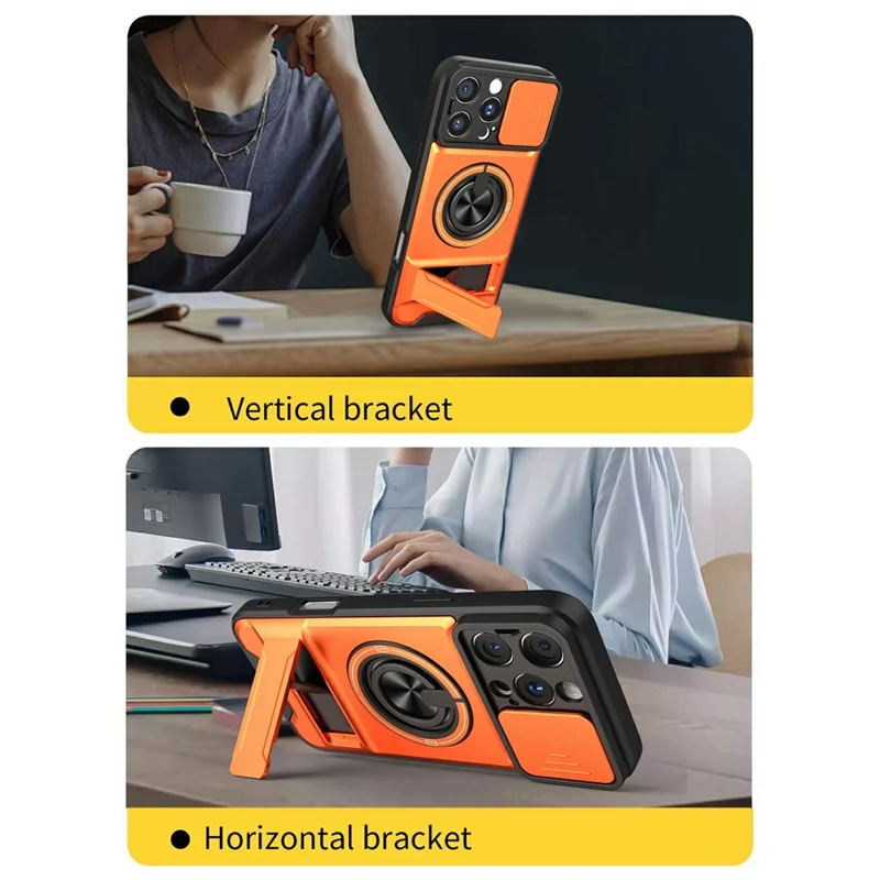 Großhandelskauf für iPhone 16 Pro Max kompatibel mit MagSafe Hülle Ringhalter Klappständer TPU PC Handyhülle mit Kameraobjektivschieber - Orange