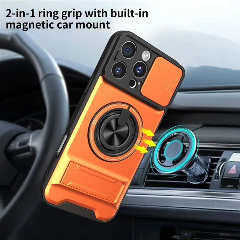 Großhandelskauf für iPhone 16 Pro Max kompatibel mit MagSafe Hülle Ringhalter Klappständer TPU PC Handyhülle mit Kameraobjektivschieber - Orange