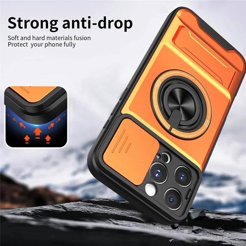 Großhandelskauf für iPhone 16 Pro Max kompatibel mit MagSafe Hülle Ringhalter Klappständer TPU PC Handyhülle mit Kameraobjektivschieber - Orange