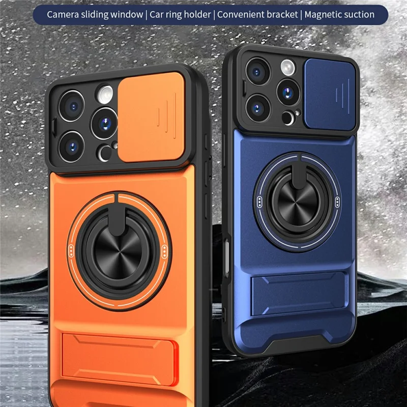 Großhandelskauf für iPhone 16 Pro Max kompatibel mit MagSafe Hülle Ringhalter Klappständer TPU PC Handyhülle mit Kameraobjektivschieber - Orange