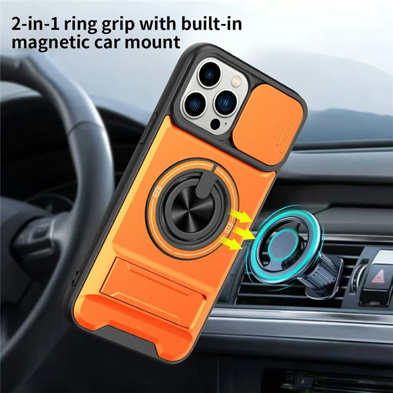 Bulk Purchasing For iPhone 15 Pro Max Compatible with MagSafe Case Ring Holder Foldable Kickstand TPU PC Phone Cover with Camera Lens Slider - Orange