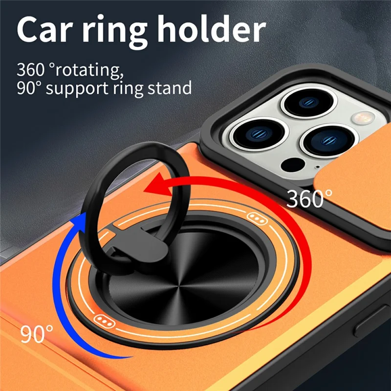 Kauf in Großmengen Für iPhone 14 Pro Max Kompatibel mit MagSafe Hülle Ringhalter Klappständer TPU PC Handyhülle mit Kameraobjektivschieber - Orange