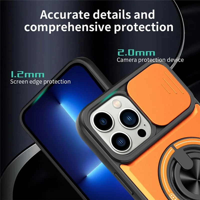 Kauf in Großmengen Für iPhone 14 Pro Max Kompatibel mit MagSafe Hülle Ringhalter Klappständer TPU PC Handyhülle mit Kameraobjektivschieber - Orange