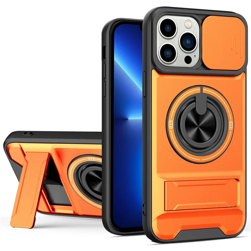 Großhandelskauf für iPhone 14 Pro kompatibel mit MagSafe Hülle Ringhalter Klappständer TPU PC Handyhülle mit Kameraobjektivschieber - Orange