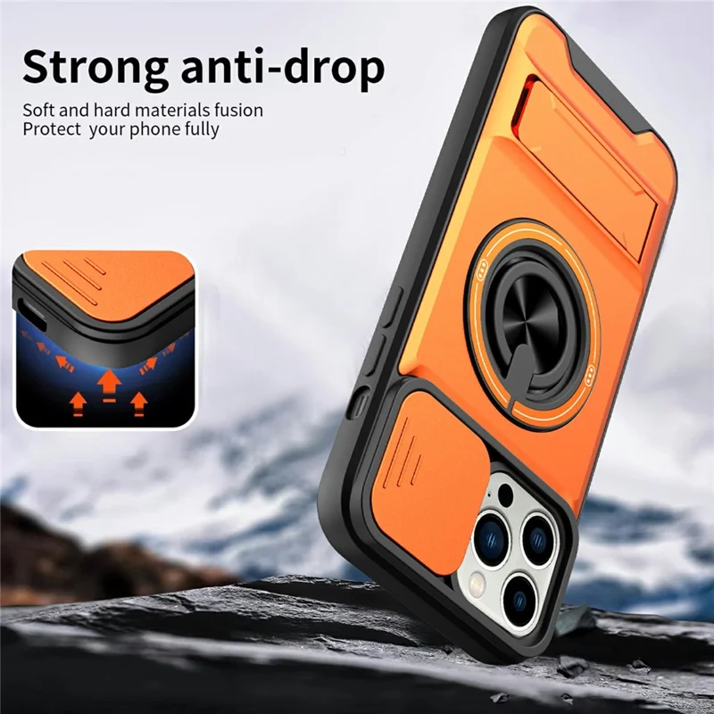 Großhandelskauf für iPhone 14 Pro kompatibel mit MagSafe Hülle Ringhalter Klappständer TPU PC Handyhülle mit Kameraobjektivschieber - Orange
