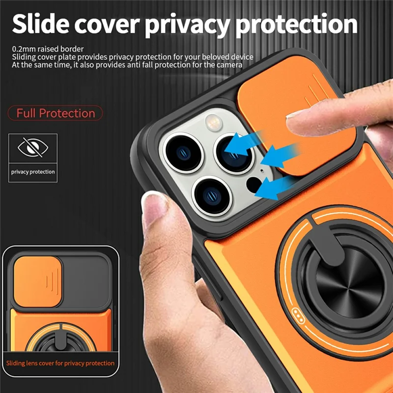 Großhandelskauf für iPhone 13 Pro Max kompatibel mit MagSafe Case Ringhalter Klappständer TPU PC Handyhülle mit Kameraobjektivschieber - Orange